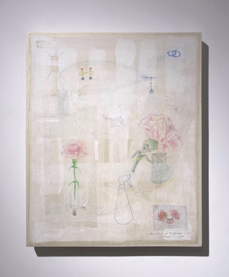 『Two Blooms on the Border』 490×390 mm 2026 雁皮紙に胡粉、色鉛筆、クレヨン