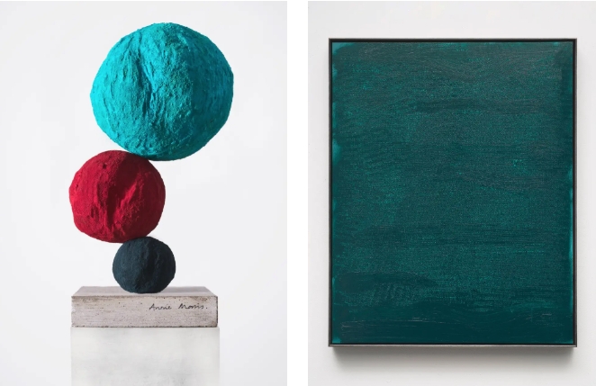 Left: Annie Morris, "Stack 3, Cobalt Turquoise", 2025. Right: "The shadow of water", 2025. Courtesy the artist, Photographer: Stephen White & Co