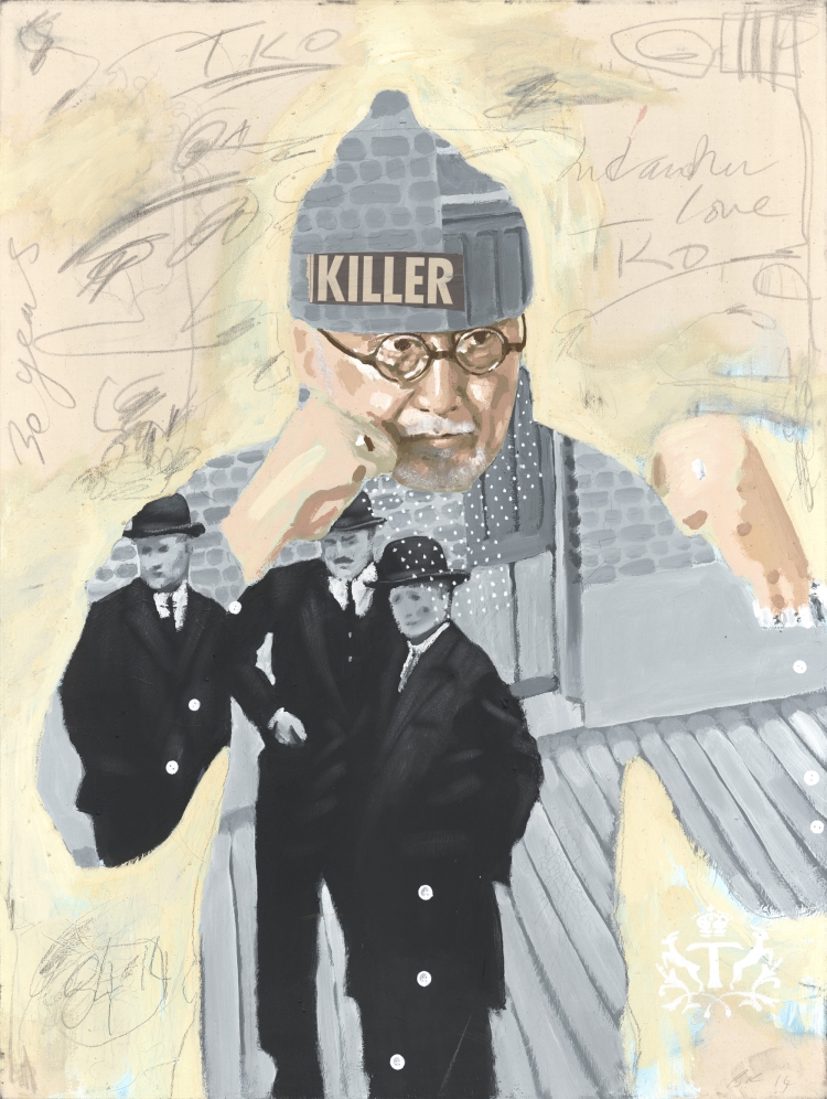 「KILLER」 2014  Acrylic, newsprint paper and graphite on canvas  W765×H1018mm