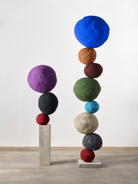 Left: Annie Morris, "Stack 3", Manganese Purple, 2022 Right: "Stack 8", Ultramarine Blue, 2022 Photography: Stephen White & Co