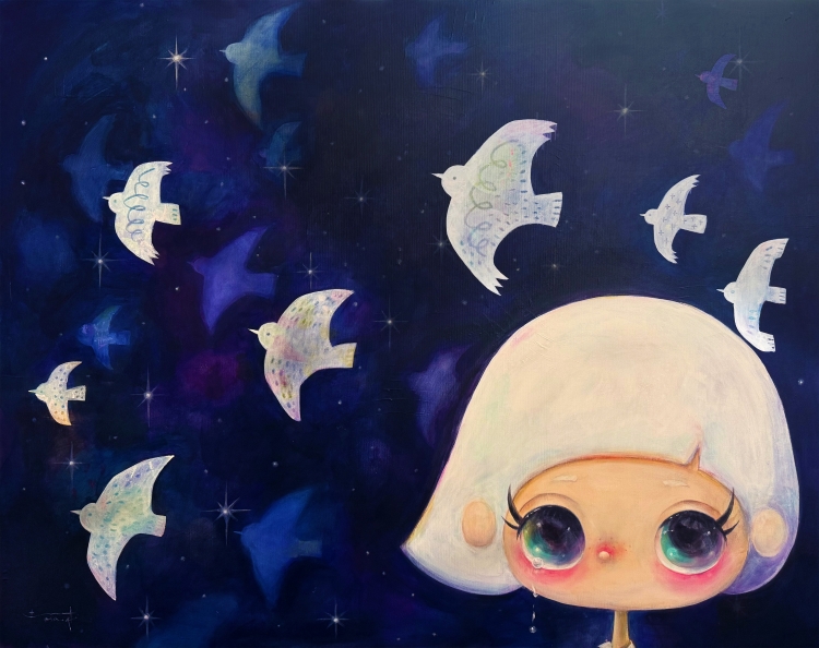 小林亜沙, 星と鳥と、私, 2026, 100×80.3 cm (F40), acrylic on canvas