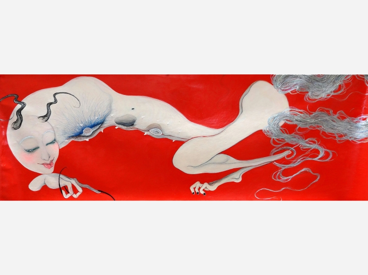 Sphinx, 2026, 35.5 x 98 cm, Oil, beads on canvas