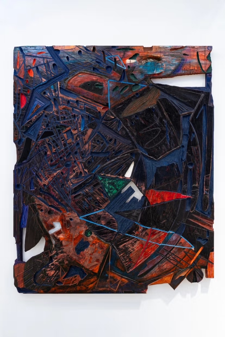 Ichi Tashiro Untitled, 2024 Paper collage, oil-based ink, engraving on wood panel 1480 × 1180 × 30 mm