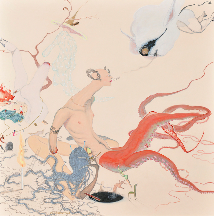 ハンドバッグの留め金が, 2022, 162 x 162 cm, Oil, beeswax, beads on canvas